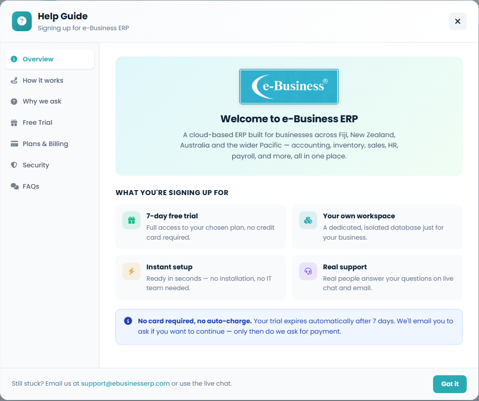The Help Guide on the e-Business ERP signup page — a step-by-step guide covering how it works, the free trial, plans, billing and security